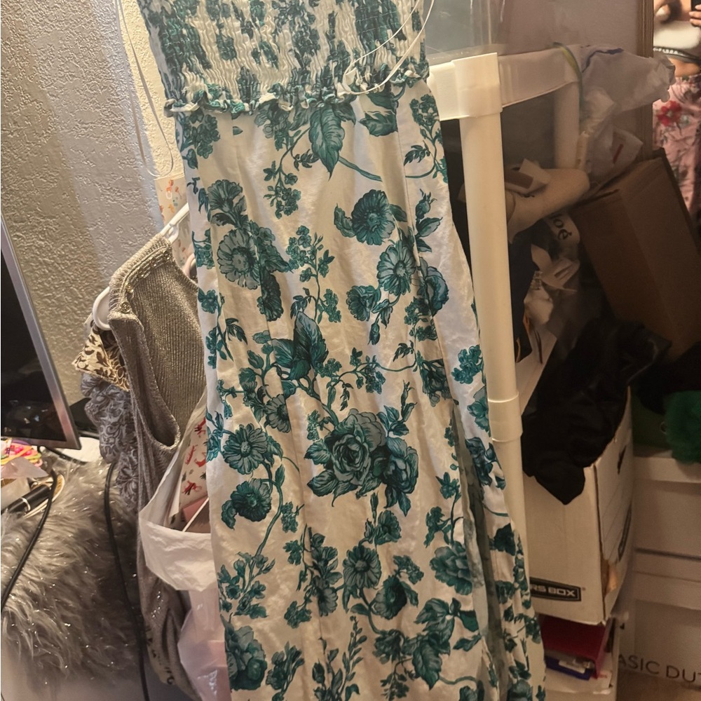 Zara White Strapless Dress with Teal Floral Print